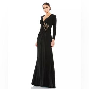 Mac Duggal Black Faux Wrap Long Sleeve Gown w/ Applique Detail